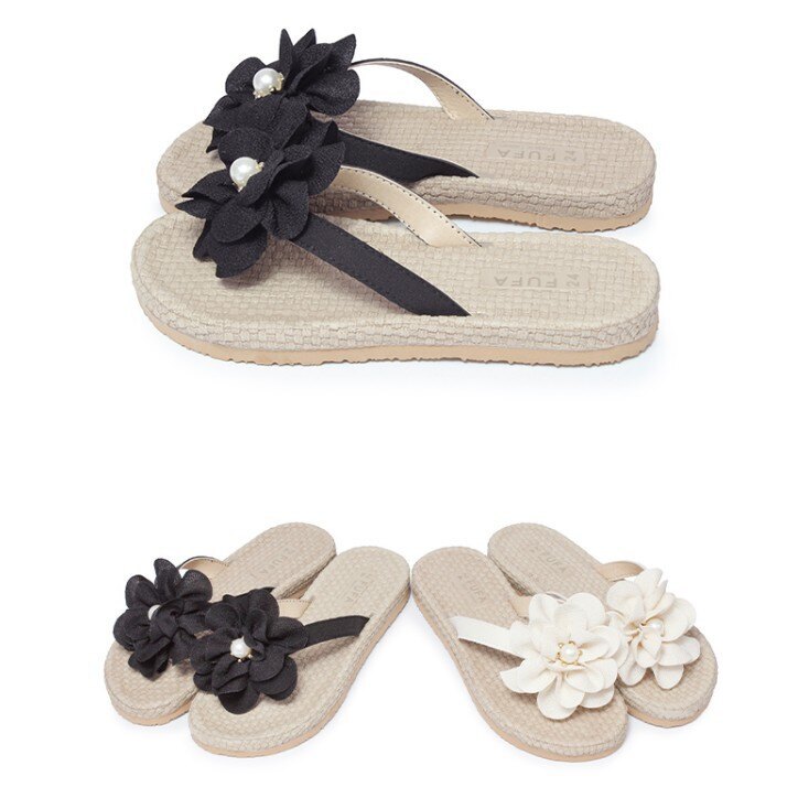 【My style】富發牌1PL90春漾珍珠花朵夾腳拖鞋（黑.米）23/24/25/26號-滿800免運