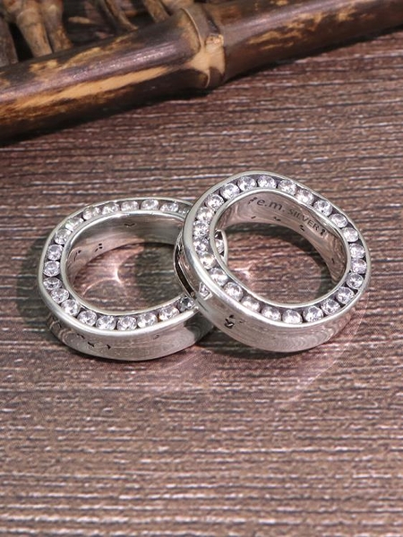 戒指EM小眾側面鑲鑽滿鑽鋯石戒指925純銀做舊情侶對戒em潮