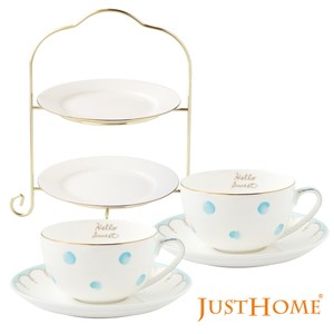 咖啡杯盤組+台灣製蛋糕盤架 時尚藍色系水彩紋樣，值得珍藏 小巧精緻雙層蛋糕盤組 高級骨瓷材質