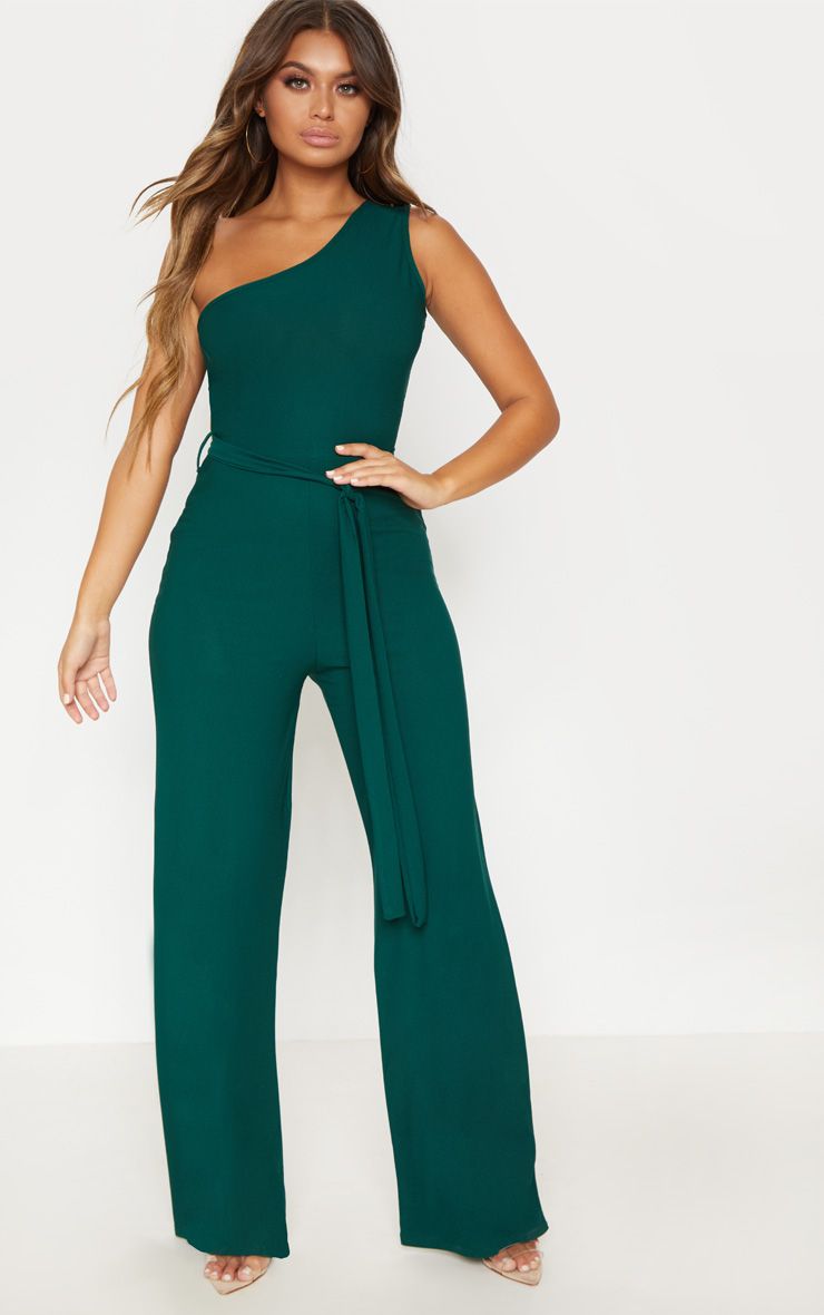 Emerald Green One Shoulder Tie Waist JumpsuitJumpsuits are an effortless way to look good and this s