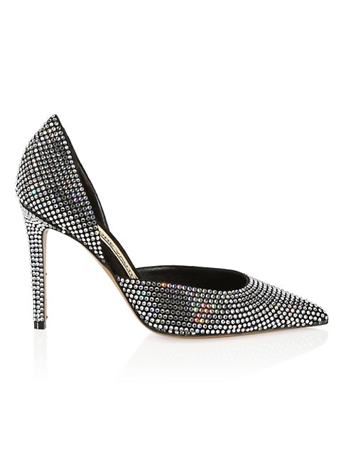 Dazzling crystals enhance the glamorous look of these leather d'Orsay pumps.; Leather upper; Point t