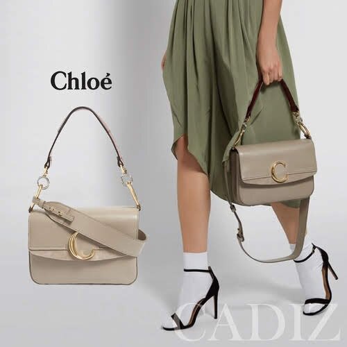 法國正品 CHLOE SMALL CHLO “C” DOUBLE CARRY BAG 大象灰小牛麂皮手提側肩包