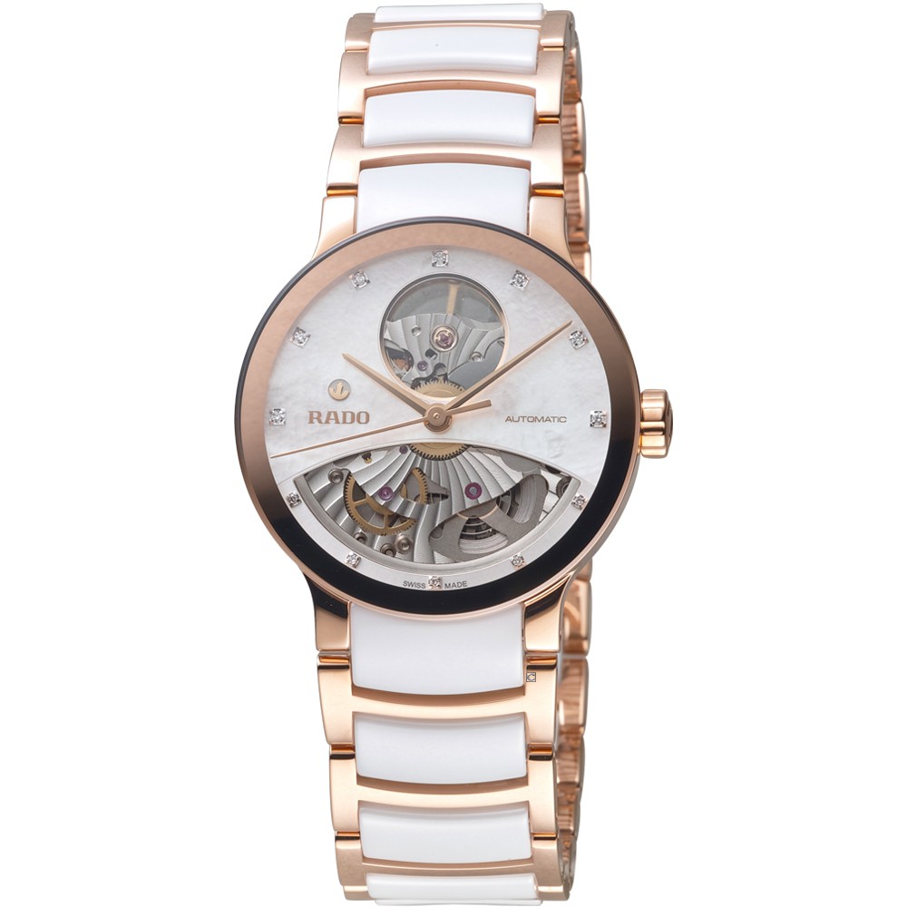 原廠公司貨珍珠貝母面鏤空錶盤設計透明藍寶石水晶底蓋不鏽鋼錶殼、陶瓷複合式錶帶料號：R30248902雷達錶晶萃系列 –在晶瑩剔透中體現優雅雷達表晶萃系列腕錶的簡約設計和動人外型加上鏤空的錶盤設計極具美