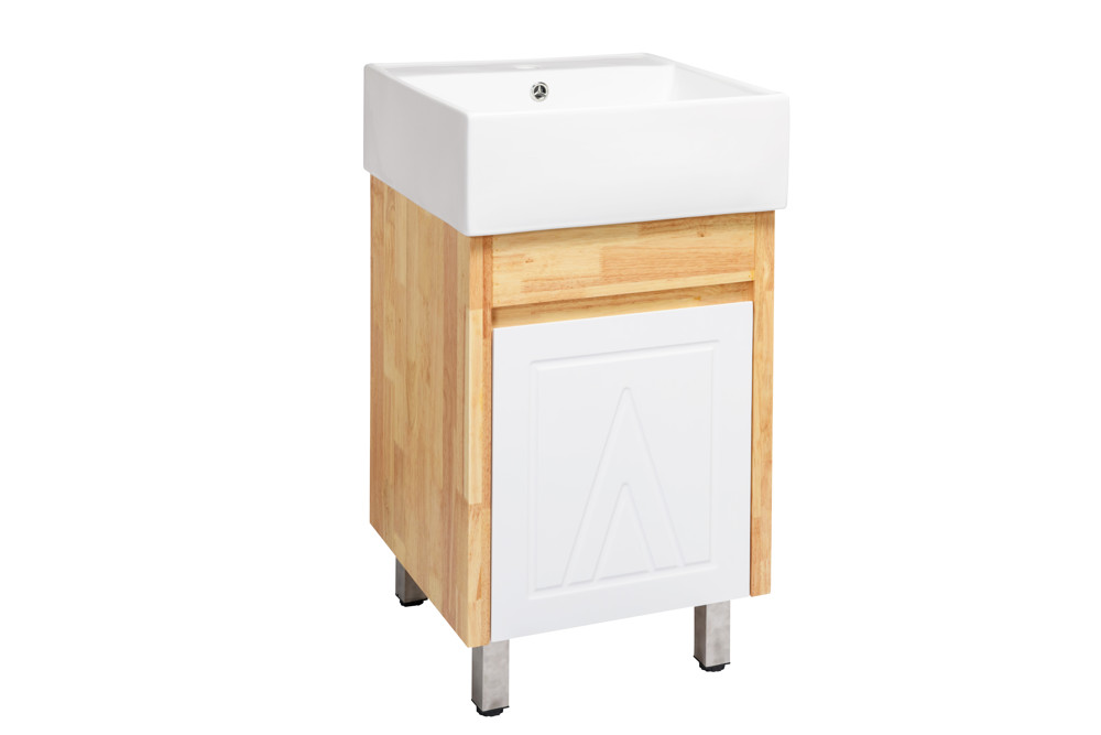 面盆+浴櫃(落地)+面盆冷熱龍頭+所有配件 大自然鄉村木紋風格 原始橡木密度高遇水不爛，外層有防水塗料 尺寸 ◎寬47*深47*高82cm 《配件》 （1）高壓編織冷熱軟管x2條 （2）三角凡爾(含飾