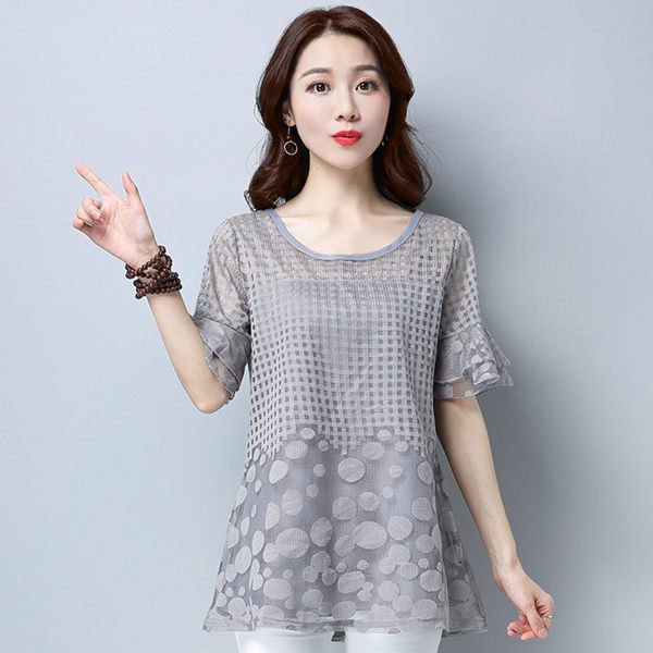 【名模衣櫃】型-蕾絲清新雪紡上衣-灰色-(M-2XL可選) 51086