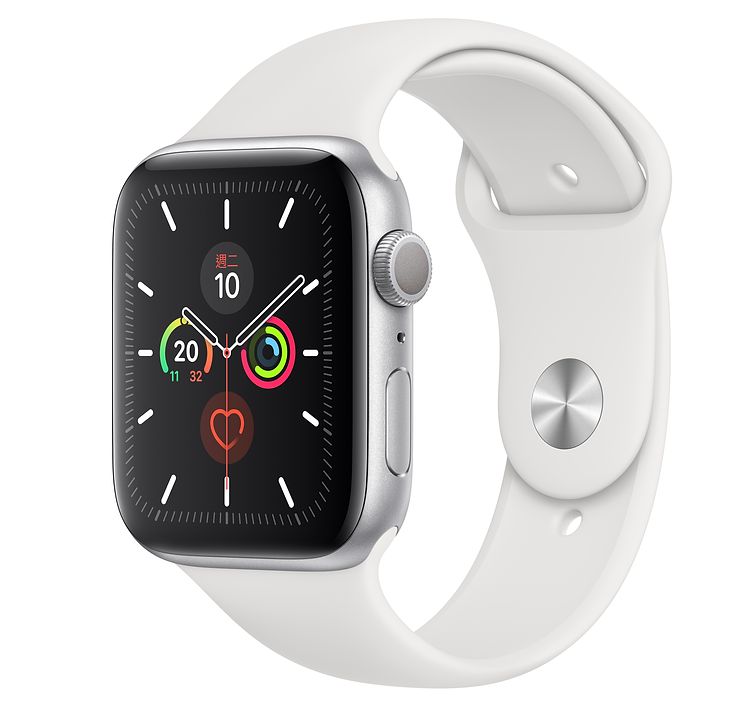 Apple Watch Series 5(GPS) 44mm銀色鋁金屬錶殼+白色運動錶帶 《拆封即代表同意以下注意事項，敬請詳閱》 1.Apple商品只要連接網路或連結iTunes或登入帳號，會自動註