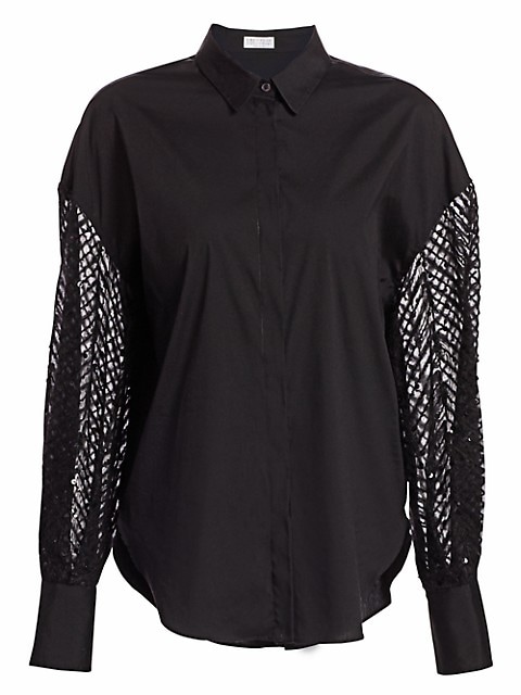 A timeless look made new, this crisp, collared poplin blouse is defined by its oversized open weave 