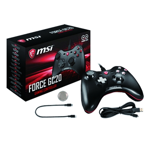 MSI FORCE GC20 GAMING CONTROLLER- 支援PC、Android與熱門遊戲機- 雙振動手把設計- 超長壽命按鍵開關與極佳的握感設計- 可依遊戲類型替換D-pad方向鍵- 附