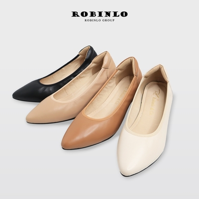 Robinlo春氛好感素面鬆緊全羊皮尖頭粗跟鞋 法式黑/奶油白/蜜桃奶杏/焦糖棕