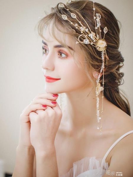 髮飾 新娘頭飾韓式金色超仙森系皇冠發箍結婚耳環套裝宮廷婚紗金屬發飾【道禾生活館】