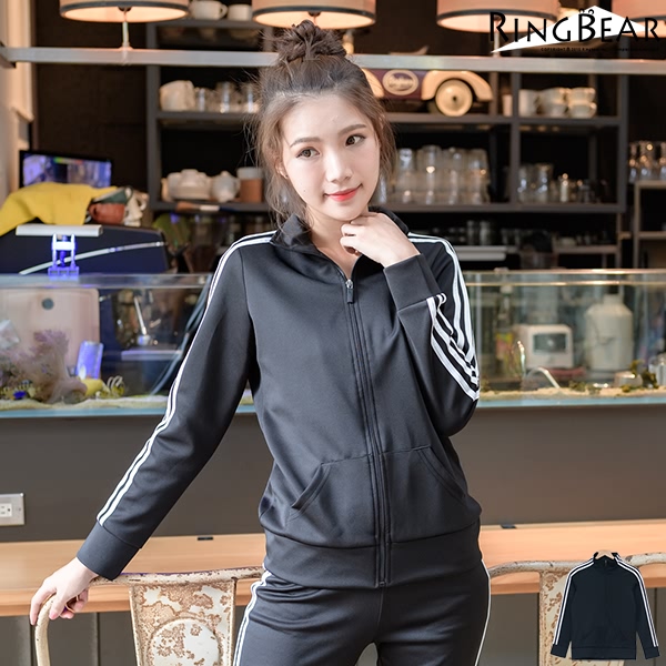 運動套裝--休閒運動女孩素面撞色滾條雙口袋運動外套(黑XL-4L)-J292眼圈熊中大尺碼