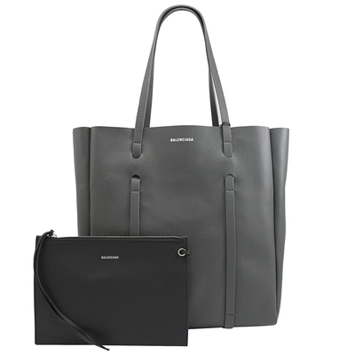 BALENCIAGA 燙印LOGO小羊皮肩背直式托特包(灰-附1隨身鏡)