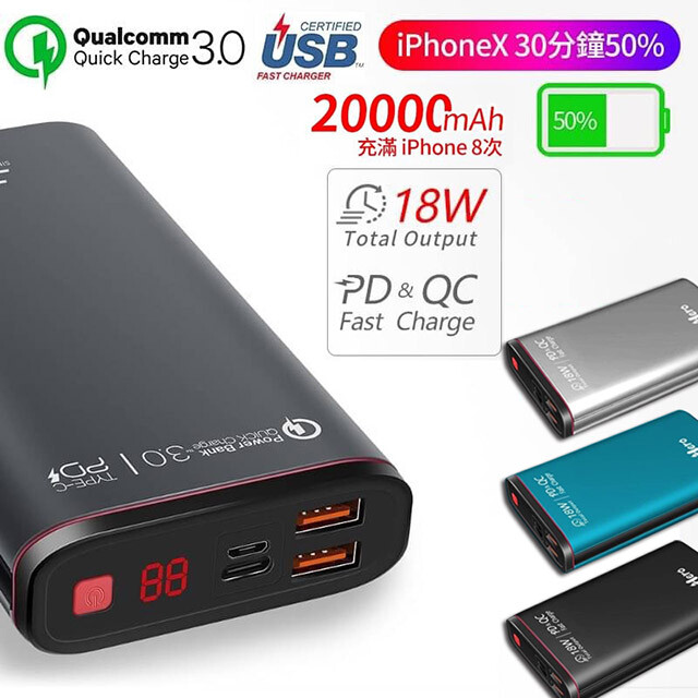 通過UL國際安規認證 - 18W雙向快充、輸出輸入支援9V閃充 - 支援高通QC3.0三星AFC、華為FCP快充協議 - 支援蘋果18W快充 30分鐘50%電量 ◎ LED燈電量顯示，隨時清楚掌握電量