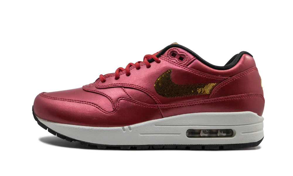 The Nike Air Max 1 Women's lifestyle sneaker, with its vibrant hue and glamourous detailing, instant