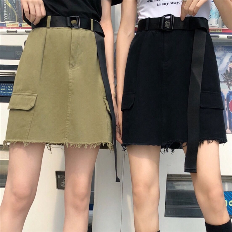A字裙 短裙 休閒短裙 工裝短裙 半身裙 新款韓版超火學生工裝短裙高腰顯瘦A字休閑裙做舊撕邊短裙純色百搭半身裙 女生衣著