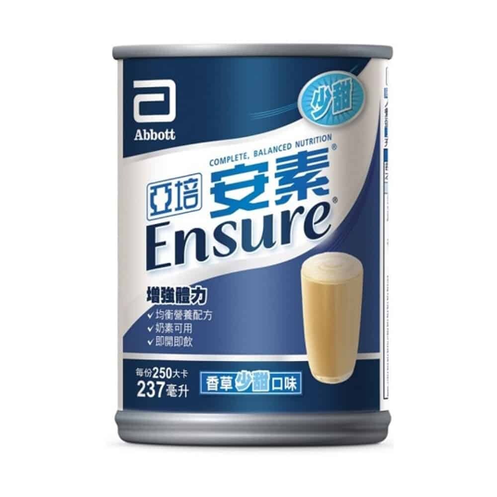 亞培安素 香草少甜 237ml*24入/箱 * 商品規格 * 237ml*24入/箱 * 商品成分 * 水、麥芽糊精、濃縮牛奶蛋白、糖、果 寡醣、大豆油、分離黃豆蛋白、礦物質、菜籽油、玉油、香料、大豆