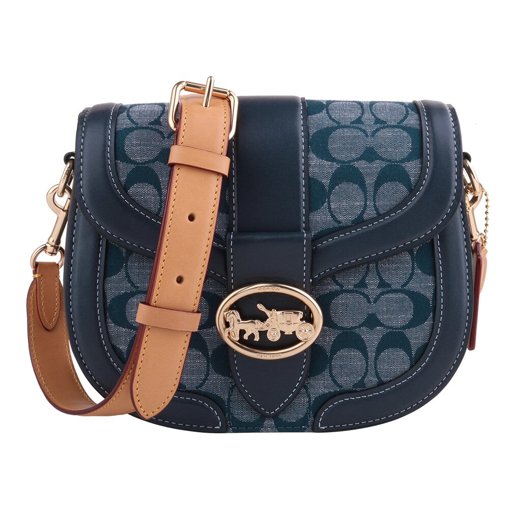 COACH 金馬車C 圖案皮革拼織布斜背馬鞍包(牛仔藍/小) (303005-32)