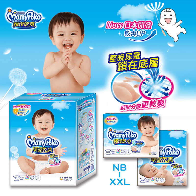 給寶寶最好的照顧！【滿意寶寶Mamy Poko】瞬潔乾爽尿布，日本獨創瞬潔波紋層，鎖水力提升至130%，夜裡尿再多次也能瞬間吸收~尿布全面柔軟UP，尿布更柔軟，寶寶肌膚更舒適~尿濕顯示，尿後清楚由黃色