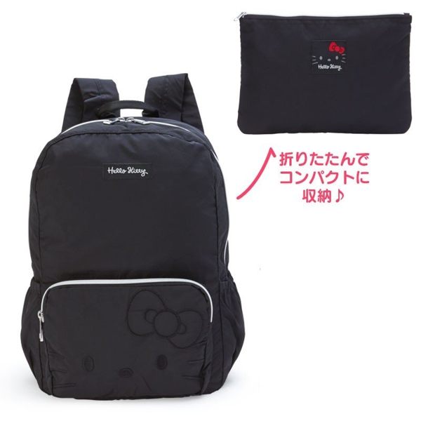 〔小禮堂〕Hello Kitty 尼龍拉鍊收納包後背包組《黑.大臉壓紋》外出包.書包.雙肩包 4901610-64277