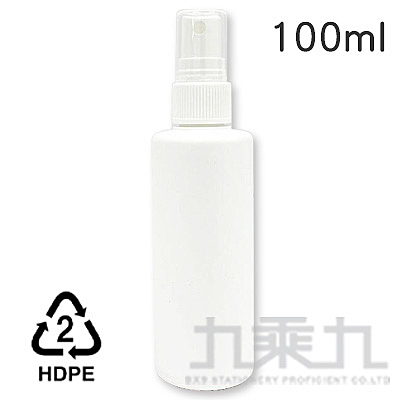 噴霧分裝瓶 容量：100ml 材質：高密度聚乙烯 ※可裝酒精、次氯酸水、耐酸鹼耐化學