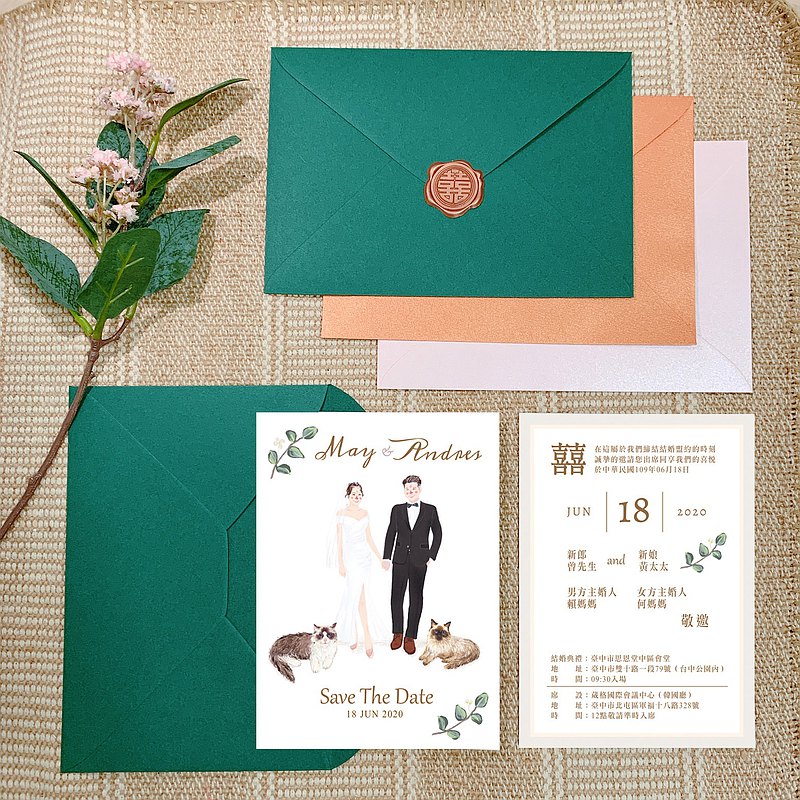 似顏繪插畫手工喜帖設計套裝 NT.3500 內容 # 尺寸13x18cm # 單張雙面排版設計 # 一對新人似顏繪插畫 # 附上印刷完稿檔案 # 追蹤IG額外贈送手機桌布與復古畫框