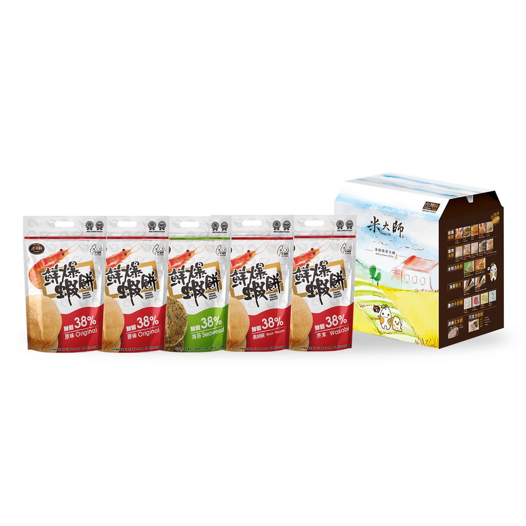 【商品特色】米大師特別採用台灣旗津優質海域的「火燒蝦」，以全球獨家首創的高壓非油炸烘培製程技術，鮮蝦含量達38%，調製出誘人的獨特風味，好吃不油膩。【商品規格】 內容物／規格：5包/組保存期限：8個月