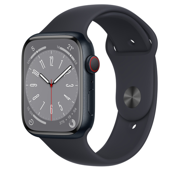 Apple Watch Series 8 (GPS + 行動網路)；45 公釐午夜色鋁金屬錶殼；午夜色運動型錶帶 - 標準 -