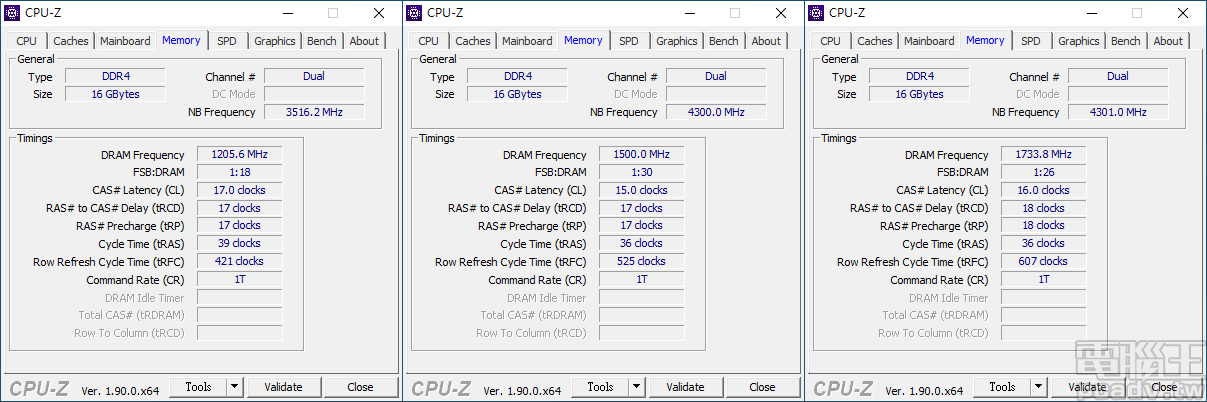 ▲ Fury DDR4 RGB DDR4-3466 8GB x 2 安裝於 Intel 平台 ROG Maximus XI Extreme，DDR4-2400/DDR4-3000/DDR4-3466 各等效時脈所使用的的時序值。（點圖放大）