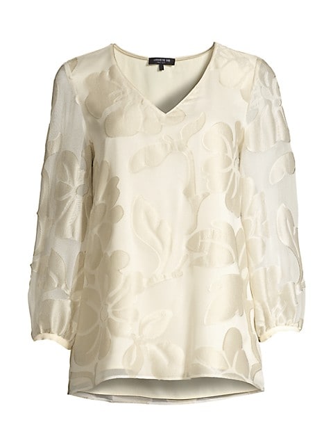 A blouse with a subtle floral design to style for professional, casual or formal settings.; V-neck; 