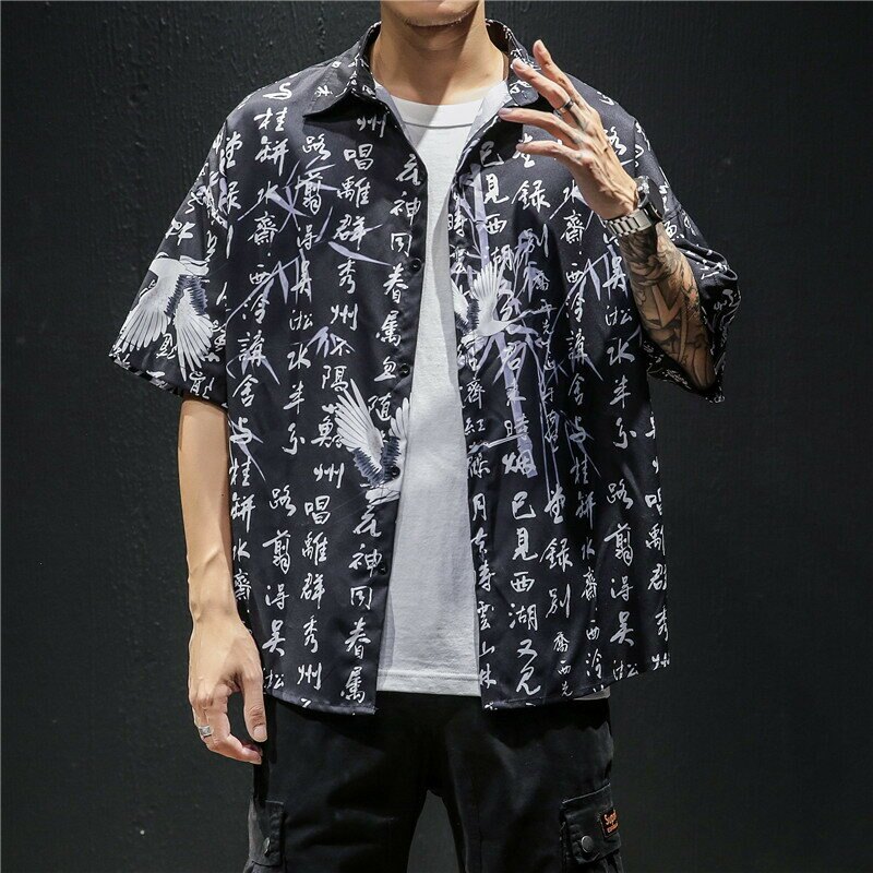夏季薄款沙灘花襯衫短袖男士中國風印花男裝寬鬆帥氣五分袖寸衫潮