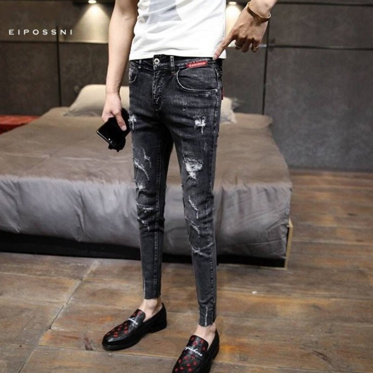 彈力 九分褲 牛仔破褲 男裝 破褲男生 牛仔九分褲 牛仔褲休閒長褲 牛仔破洞褲 男生長褲 工作褲長褲 (LN756)