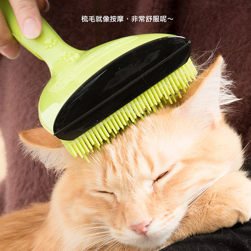 革命性創新的專利點點按摩寵物梳438根刷毛的獨特幾何分佈16到32個不同高度的刷毛6至16種不同的寬度和位置圓頭齒梳不刺激，有按摩效果符合人體工程學的手柄設計配有貼心的鑷子可去除寄生蟲梳毛按摩同時進行