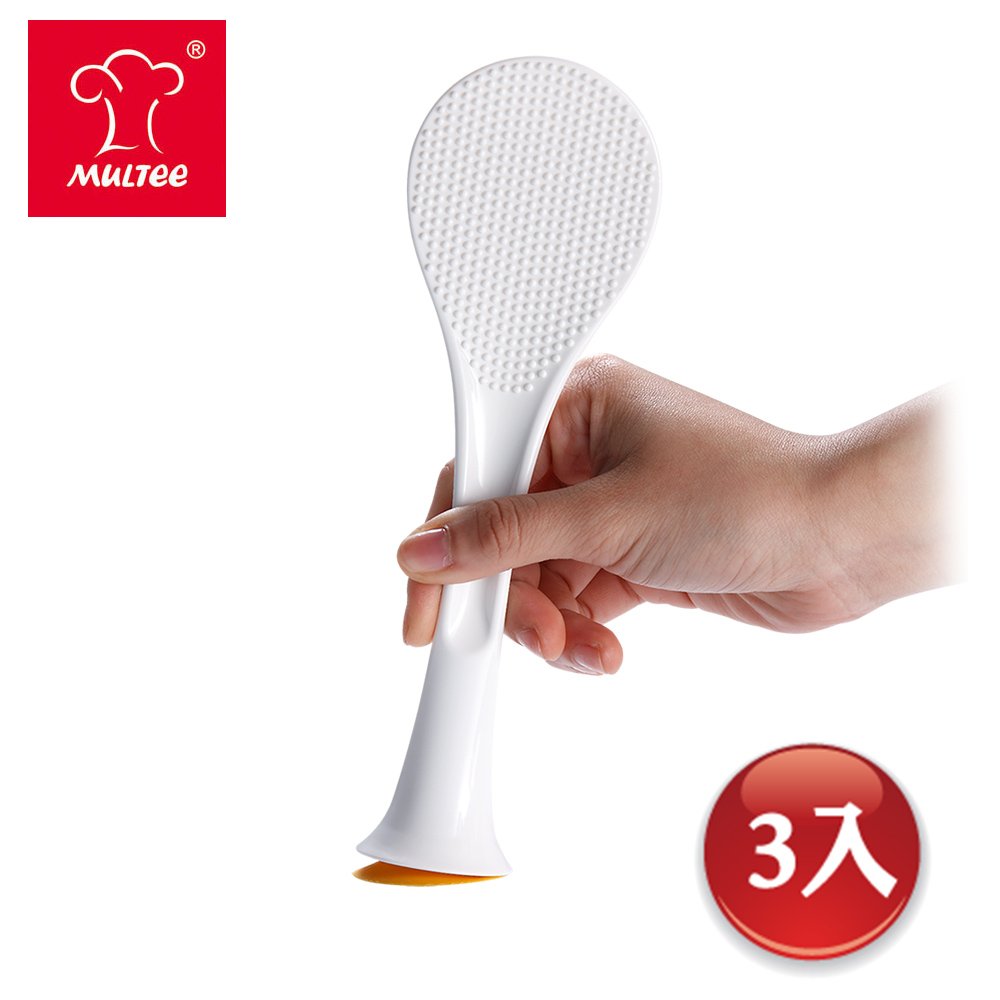 ▲ 底座吸盤設計飯匙可站立，衛生又方便！▲ 盛飯後，隨手一放也沒問題！ ▲ 飯匙前端薄型設計，不會破壞米粒的完整▲ 特殊凸點設計，使米粒不會沾黏於飯匙上 ▲ 抗菌加工處理，吃得更安心