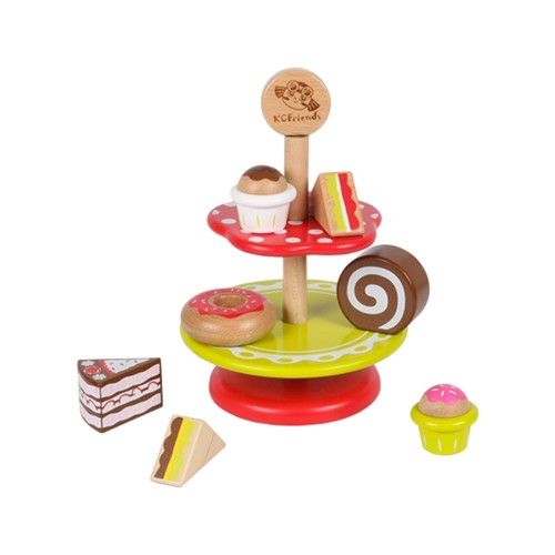 家家酒遊戲，讓孩子角色扮演，發揮想像力。甜點蛋糕、三明治等組合式配件，配色繽紛可愛。源自台灣40年木製工藝，安全無毒品質保證;C妹的蛋糕組是木質打造的精美英式下午茶酒點心系列。無毒塗料使家長放心讓小朋