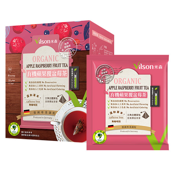 米森為了讓茶也能喝得更真實，特地遠赴德國與專業茶廠合作開發，拒絕人工香料、人工色素調味，堅持喝出無添加的果物口感。純粹以有機蘋果為基底，特地加入二種不同的酸度花果~有機洛神花及有機覆盆莓來增加酸甜口感