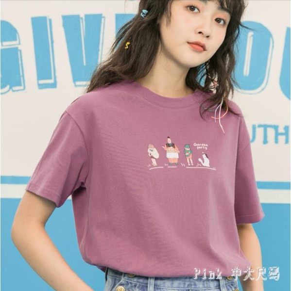 Pink中大尺碼T恤 短袖古著感日系少女t恤女港味夏裝2019新款潮原宿風寬鬆上衣學生 nm21299