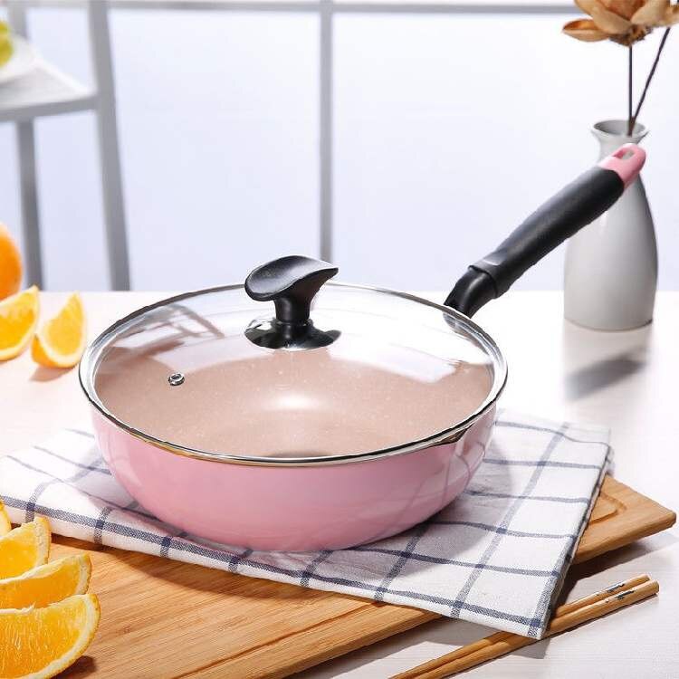 麥飯石小炒鍋不粘鍋平底鍋炒菜鍋家用燃氣灶煤氣粉色鍋電磁爐專用 中秋節特惠