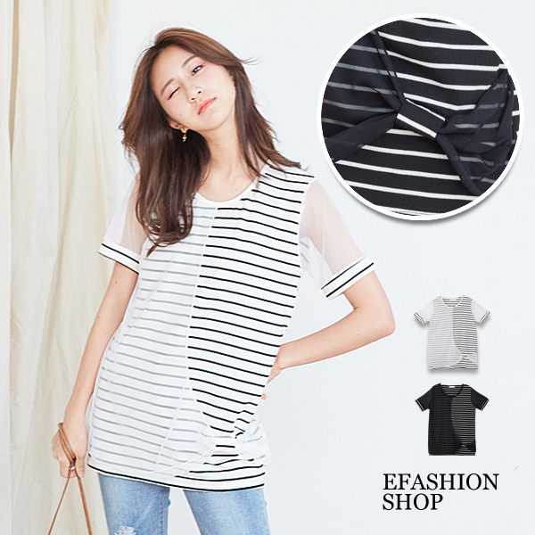 棉T-拼網紗蝶結造型橫條紋上衣-eFashion 預【K10500387】