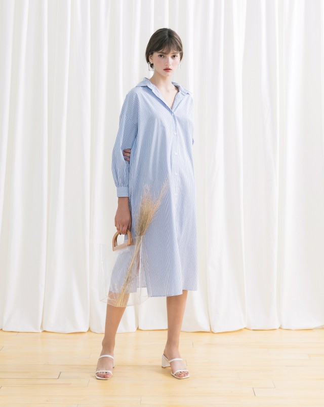 MEIERQ+澎澎袖直紋排釦長版襯衫