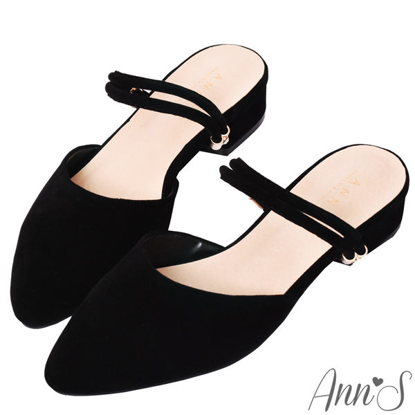 Ann’S流行趨勢-可調式金釦水鑽兩穿低跟尖頭鞋-黑
