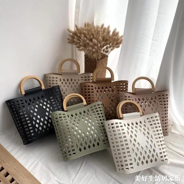 原創設計韓版鏤空木質把柄手提側背包時尚百搭菜籃子沙灘包 美好生活