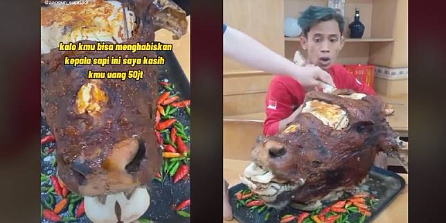 Demi mobil dan duit Rp 50 juta pria ini makan kepala sapi utuh, bikin mules. Foto: TikTok