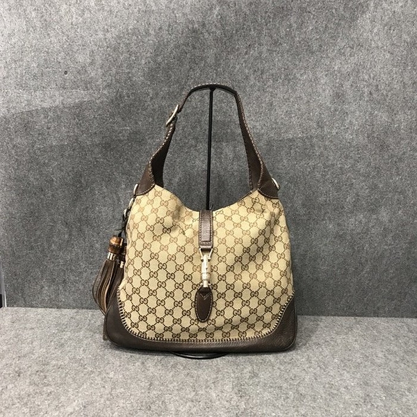 【哈極品】二手商品《Gucci》卡其咖 緹花布 流蘇側肩背包/賈姬包