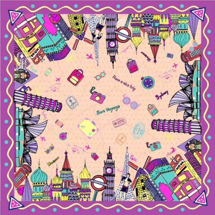 / 商品說明及故事 / 「Bon Voyage」指的是法文的「一路平安」。周遊世界之於，平安是在重要不過的信念。配戴Bon Voyage絲巾吧！讓她帶著你到世界各地知名地標去旅行，和有著幾分復古的設計