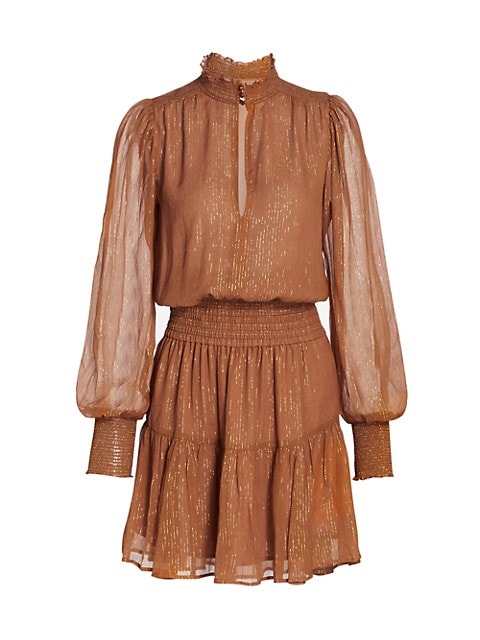 Romantic blouson-fit mini dress with smocked trim at the neck, waist, and cuffs.; Smocked collar wit