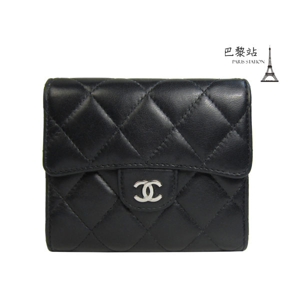 【巴黎站二手名牌專賣店】＊現貨＊CHANEL 香奈兒 真品＊A82288 黑色羊皮菱格紋三折短夾