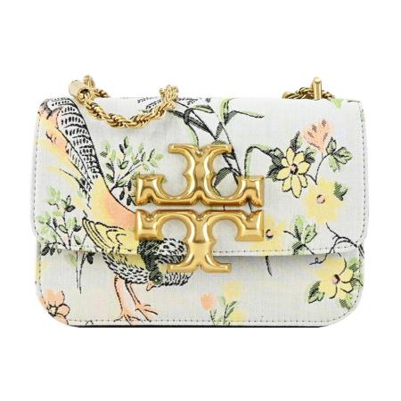 TORY BURCH ELEANOR 專櫃款雙T金屬LOGO錦緞鏈帶包-冬鼠尾草