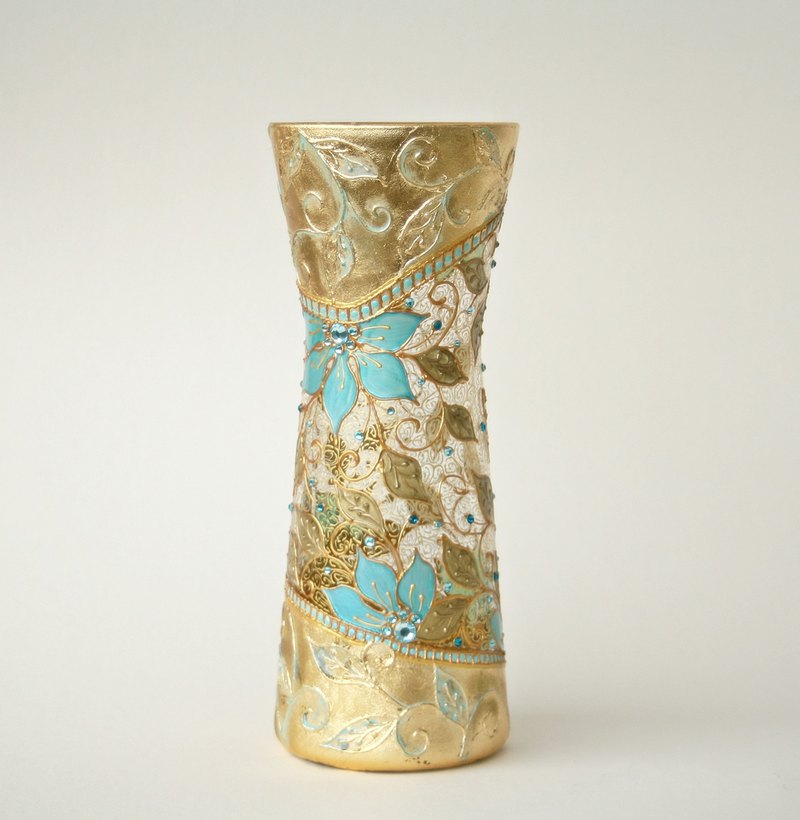 獨一無二的手繪玻璃花瓶，花卉設計，飾有施華洛世奇水晶