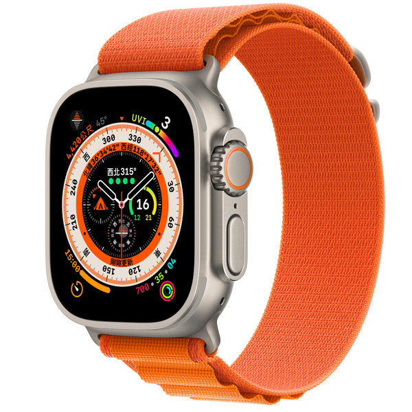 Apple Watch Ultra (GPS + 行動網路)；49 公釐鈦金屬錶殼；橙色高山錶環 - M 鈦金色