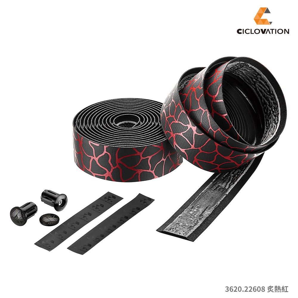 產品特色 獨特配方複合人造皮料，搭配源自「火山熔岩」意象設計，創造優越的止滑效果與操控性能加厚高密度泡綿夾層有效吸震，提升騎行舒適性輕量化有機背膠，高彈力、可分解特性完全不殘留於車手把，組裝便利效率佳